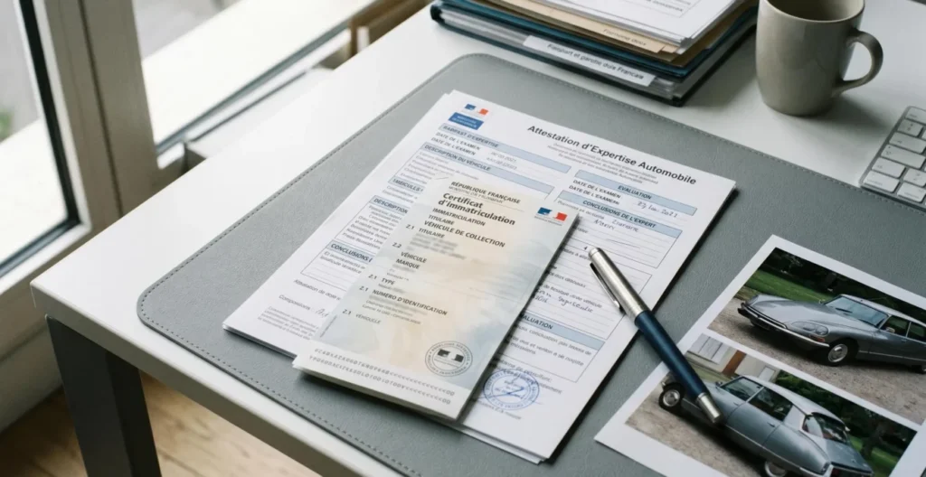 Carte grise de collection française et certificat d'expertise automobile posés sur un bureau professionnel avec photos du véhicule et stylo Carte grise de collection française et certificat d'expertise automobile posés sur un bureau professionnel avec photos du véhicule et stylo
