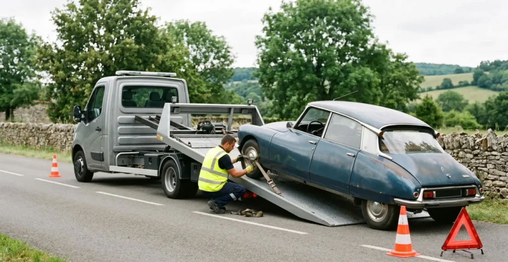 Dépanneuse plateau professionnel chargeant une Citroën DS de collection sur une route secondaire avec technicien en gilet haute visibilité sécurisant le véhicule Dépanneuse plateau professionnel chargeant une Citroën DS de collection sur une route secondaire avec technicien en gilet haute visibilité sécurisant le véhicule