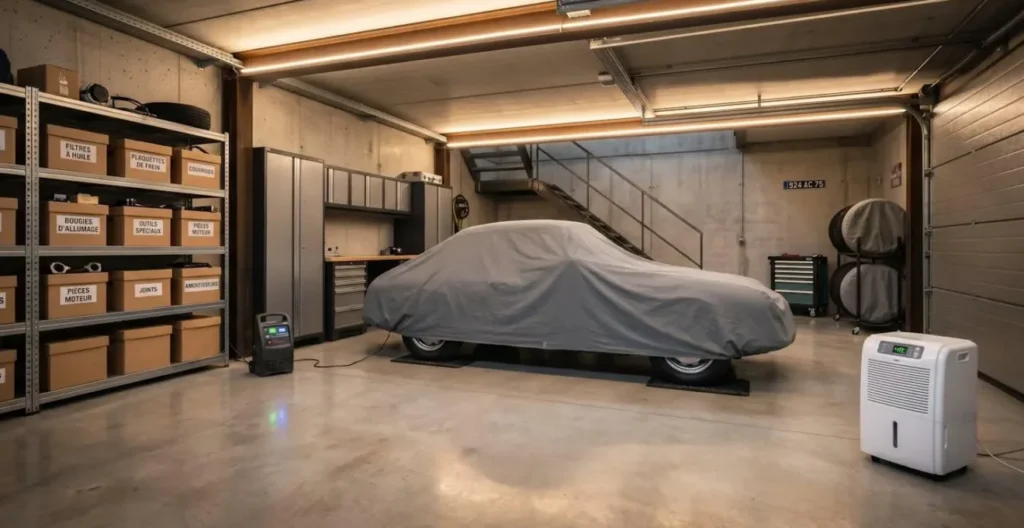 Intérieur de garage privé sécurisé avec véhicule de collection sous housse de protection, étagères organisées, chargeur de batterie et déshumidificateur visible Intérieur de garage privé sécurisé avec véhicule de collection sous housse de protection, étagères organisées, chargeur de batterie et déshumidificateur visible